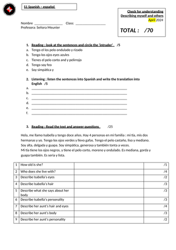 S1 Spanish assessment describing self