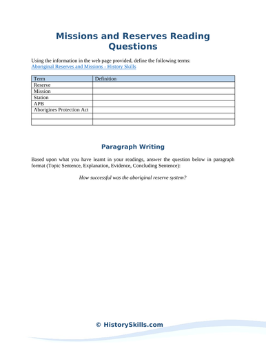 Aboriginal Missions and Reserves Reading Questions Worksheet