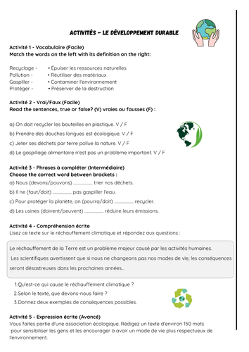 GCSE French studio 3 environment worksheet