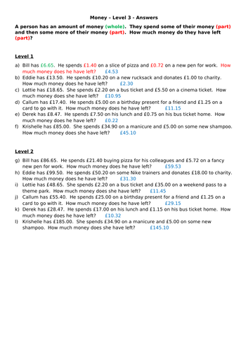 Money + - worded problems (decimals)
