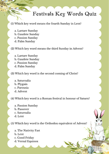 A-Level RS: Festivals Quiz Sheet - Eduqas Christianity