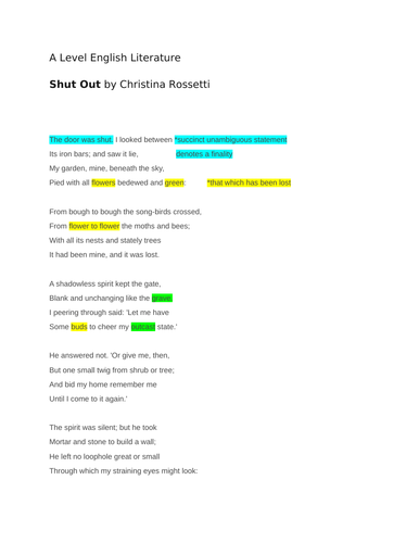 "Shut Out" by Christina Rossetti - A  Level English Literature