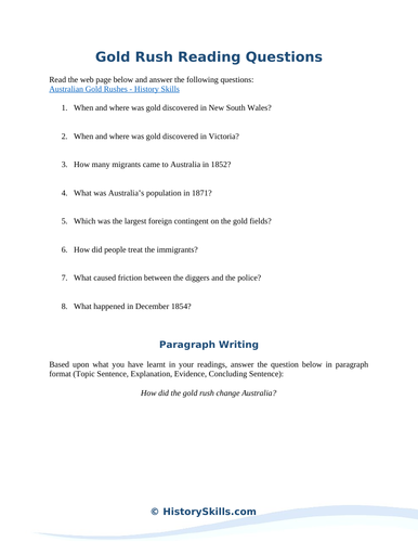 Australian Gold Rush Reading Questions Worksheet
