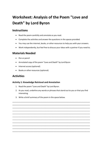 Worksheet: Analysis of the Poem "Love and Death" by Lord Byron