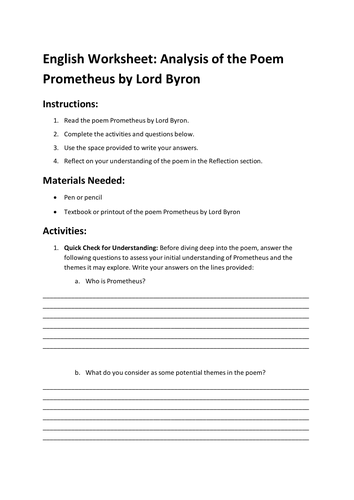 English Worksheet: Analysis of the Poem Prometheus by Lord Byron