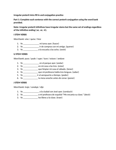 Irregular preterit intro fill in and conjugation practice