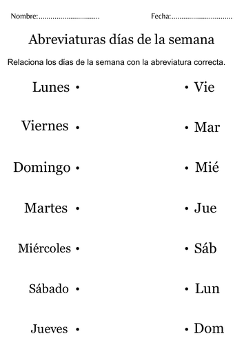 Abreviaturas días de la semana - Abbreviations days of the week in spanish sheet