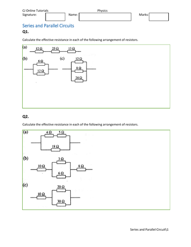 Worksheets on series and parallel circuits
