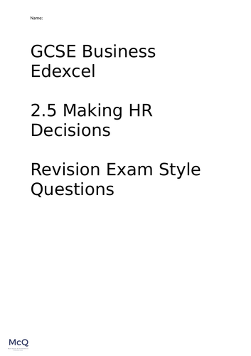 GCSE Business Edexcel  2.5 Making HR Decisions   Revision Exam Style Questions