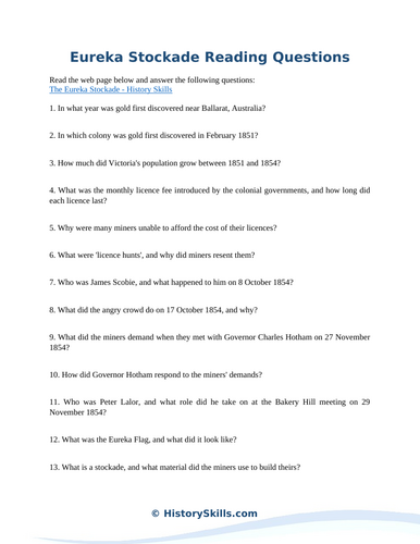 Eureka Stockade Reading Questions Worksheet