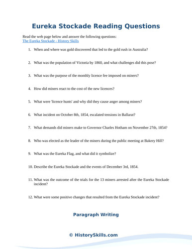 Eureka Stockade Reading Questions Worksheet