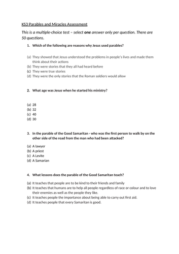 KS3 Parables and Miracles Assessment