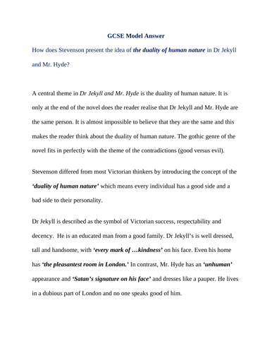 Dr Jekyll & Mr. Hyde GCSE/IGCSE Grade 9/A* Essay: Duality