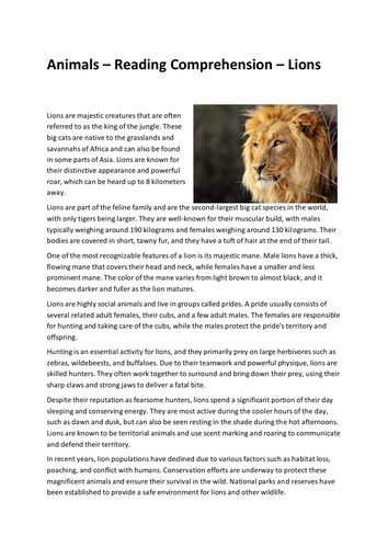 Animals – Reading Comprehension – Lions