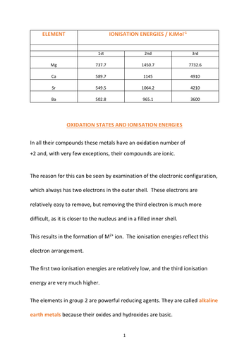 GROUP 2 OXIDATION STATES - IONISATION ENERGIES
