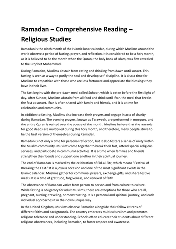 Ramadan – Comprehensive Reading – Religious Studies
