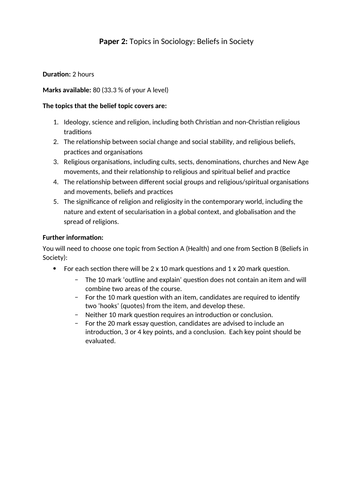 AQA AS Sociology Beliefs in Society revision checklist UPDATED March 2024