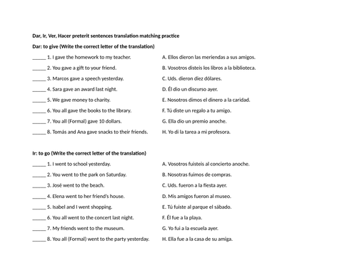 Dar, Ir, Ver, Hacer preterit sentences translation matching practice