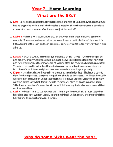 Year 7 - The 5 K's Homework