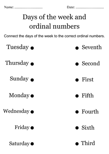 Ordinal numbers days of the week worksheet
