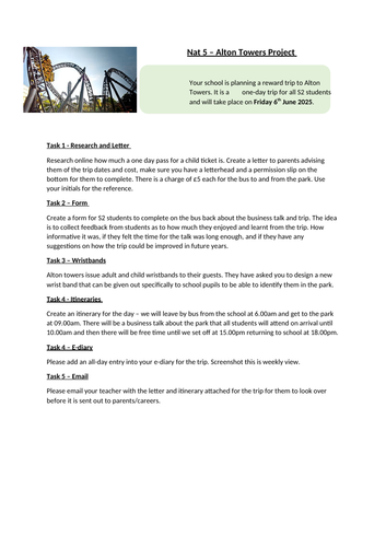 National 5 Admin - Assignment practise revision - Alton Towers
