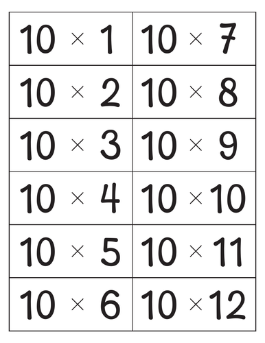 10 Times table Flashcards with Answers on Back