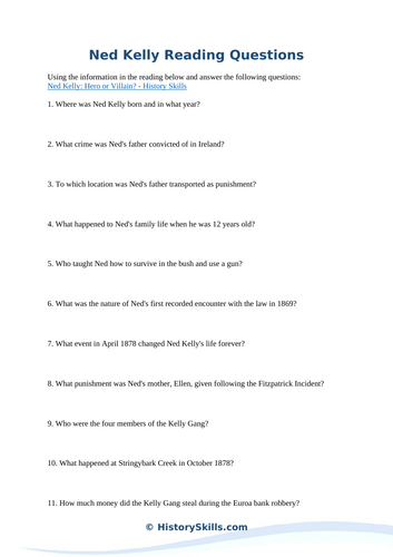 Ned Kelly Reading Questions Worksheet