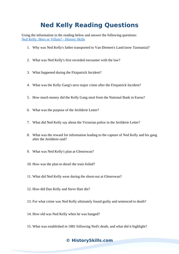Ned Kelly Reading Questions Worksheet