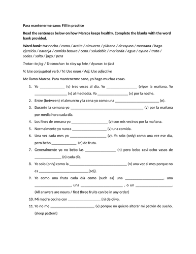 Para mantenerme sano (Healthy lifestyle): Fill in practice
