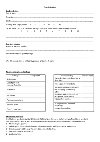 GCSE / A Level Mock Exam reflection sheet