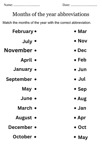 Printable months of the year abbreviations worksheet for kindergarten