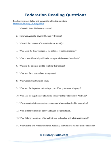 Federation of Australia Reading Questions Worksheet