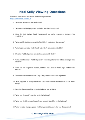 Ned Kelly Video Viewing Questions Worksheet