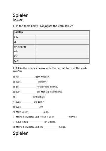 Spielen German Verb Worksheet