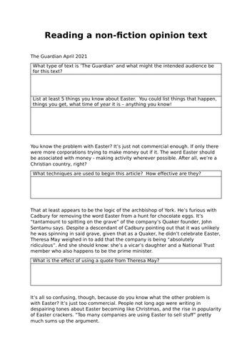 Easter opinion text Non Fiction Guardian Newspaper KS3 KS3 Language and Structure Analysis