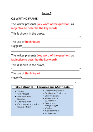 AQA paper 1 writing frames
