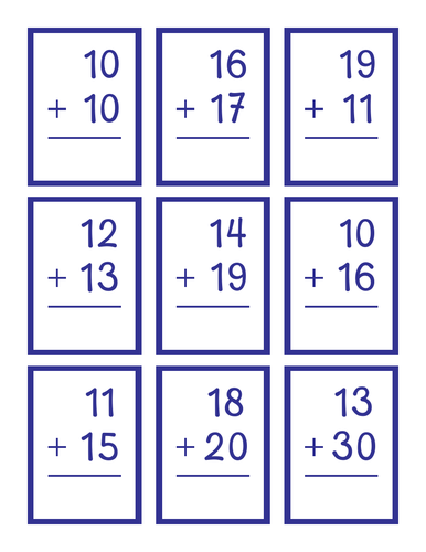Double Digit Addition Facts Flashcards with Answers on back