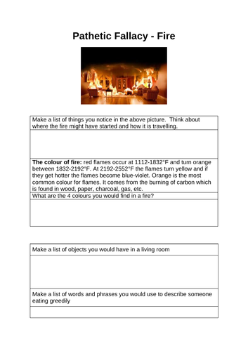 Pathetic Fallacy Personification Original Writing with a picture stimulus GCSE KS3 Theme Fire
