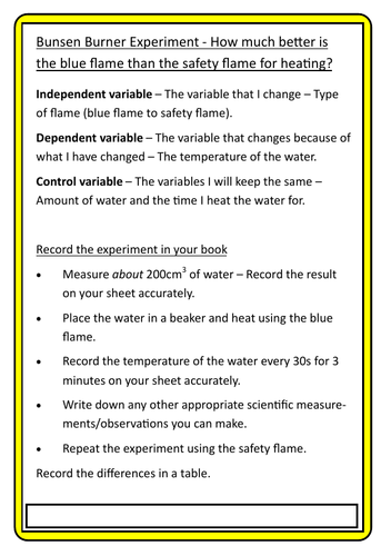 Worksheets Bunsen Burner Experiment - How much better is the blue flame than the safety flame?