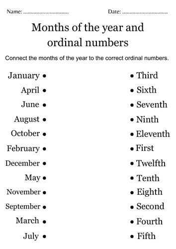months of the year and ordinal numbers worksheet