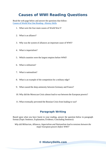 MAIN Causes of WWI Reading Questions Worksheet