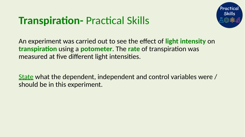 Transpiration Practical Skills | Teaching Resources