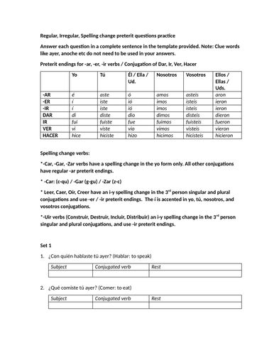 Regular, Irregular, Spelling change preterit questions practice