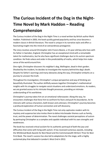The Curious Incident of the Dog in the Night-Time Novel by Mark Haddon – Reading Comprehension