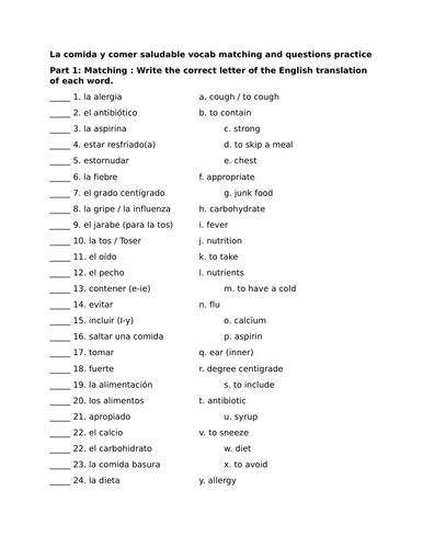 La comida y comer saludable vocab matching and questions practice