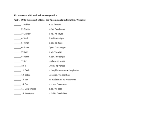 Tú commands with health situations practice