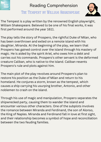The Tempest by William Shakespeare – Reading Comprehension | Teaching ...