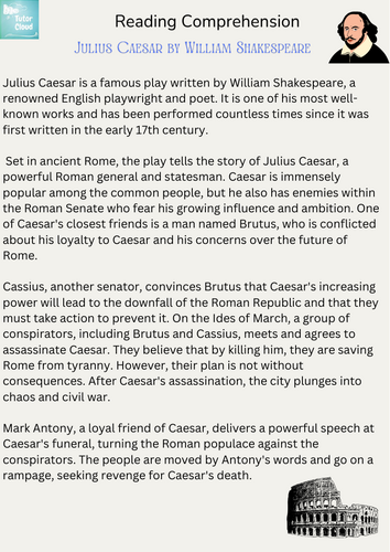 Julius Caesar by William Shakespeare Reading Comprehension Worksheet