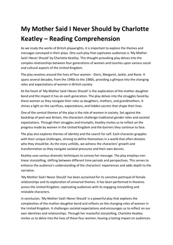 My Mother Said I Never Should by Charlotte Keatley – Reading Comprehension