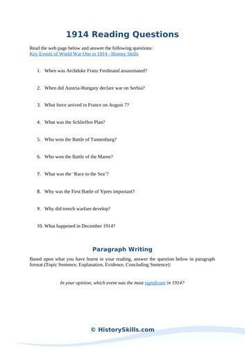 The start of WWI in 1914 Reading Questions Worksheet